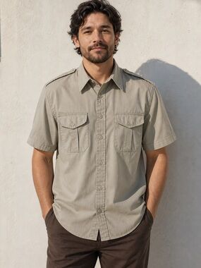 ❌SOLD❌Mens Khaki Safari Utility Shirt Short Sleeve Button Up M Outdoor Military